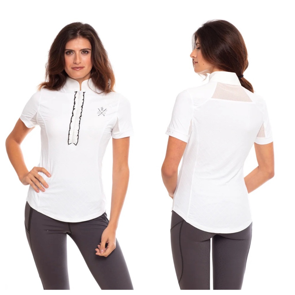 Goode Rider Luxe Show Shirt White Rhinestone Zip Short Sleeve Equestrian Top XS